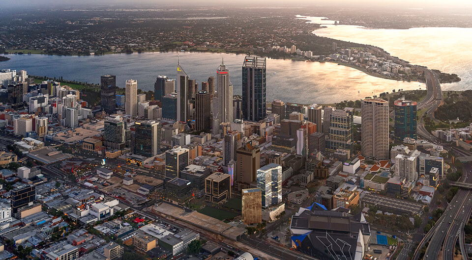 Aerial view of Perth city center and bay area