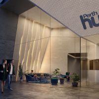 Artistic rendering of the Perth Hub reception area in the evening